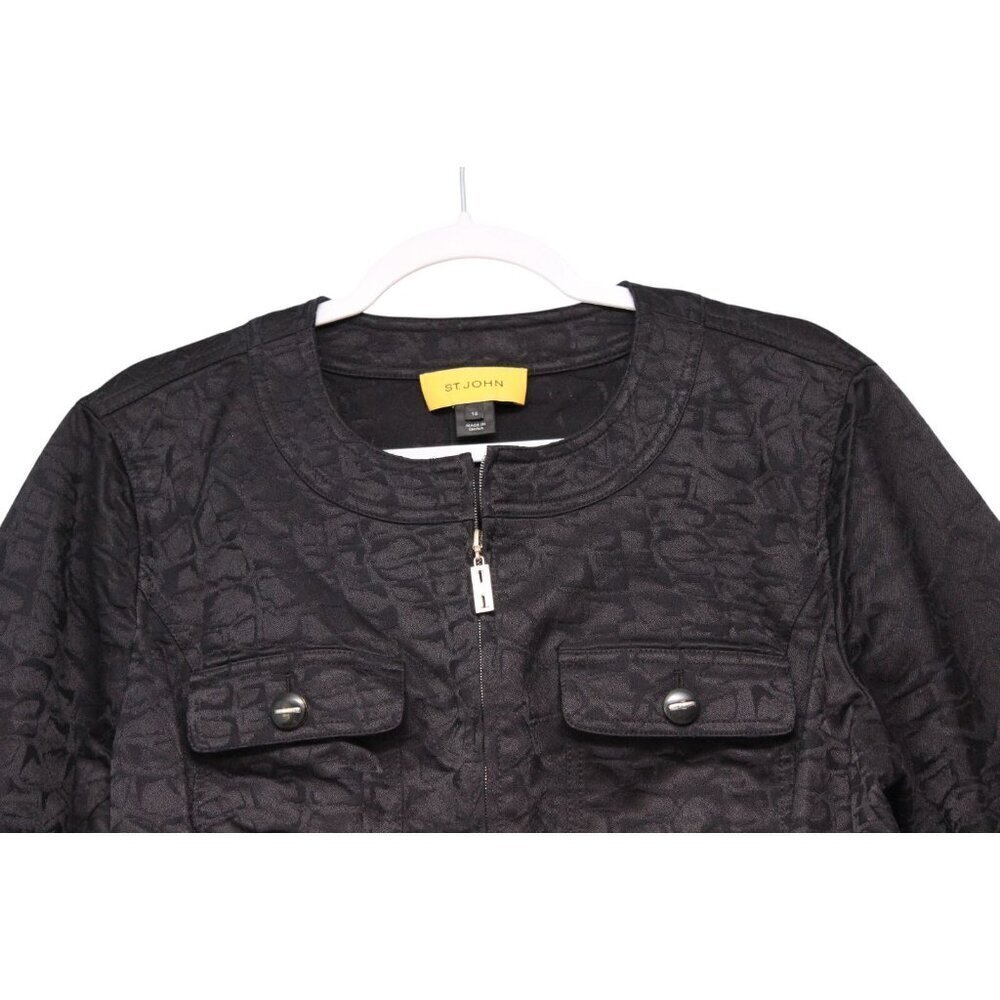 St John Full Zip Jacket Size 14 Black Jacquard Career Old Money Quiet Luxury - Picture 2 of 11